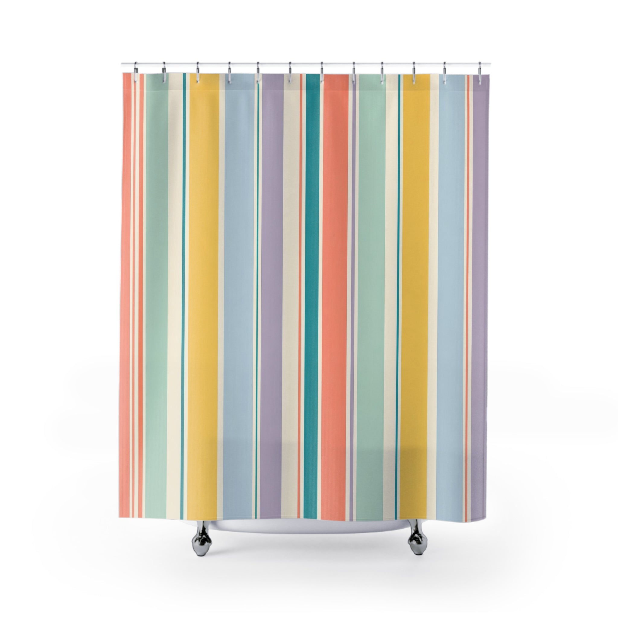 Aqua Coral Yellow Cabana Stripe Shower Curtain