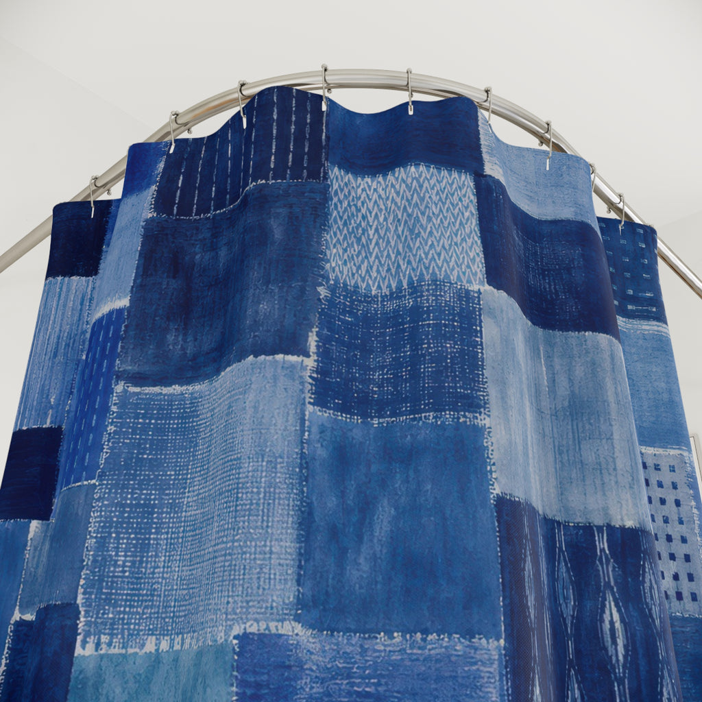 Blue Patchwork Shower Curtain, Denim Blue Modern Bathroom Decor, Patchwork Pattern Bath Curtain, Guest Bath Decor, Small Bathroom Decor