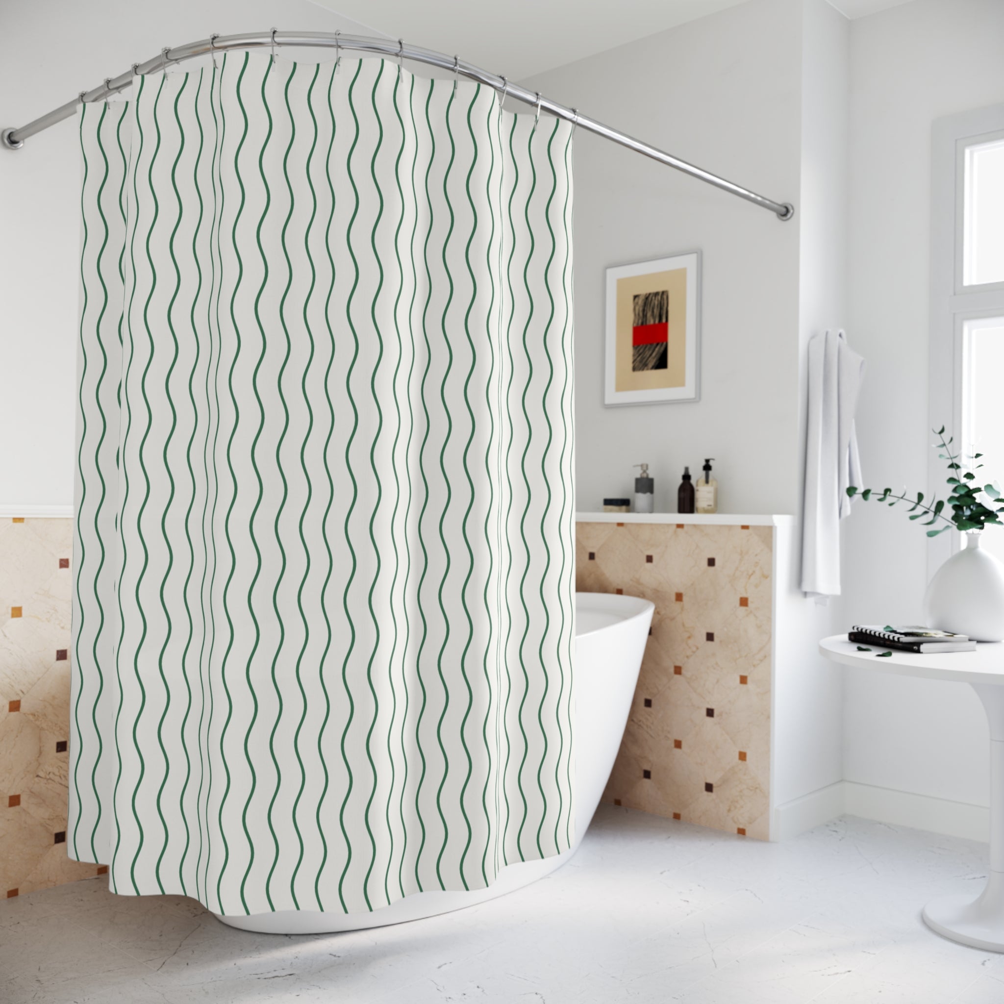 Green and White Wavy Stripe Shower Curtain