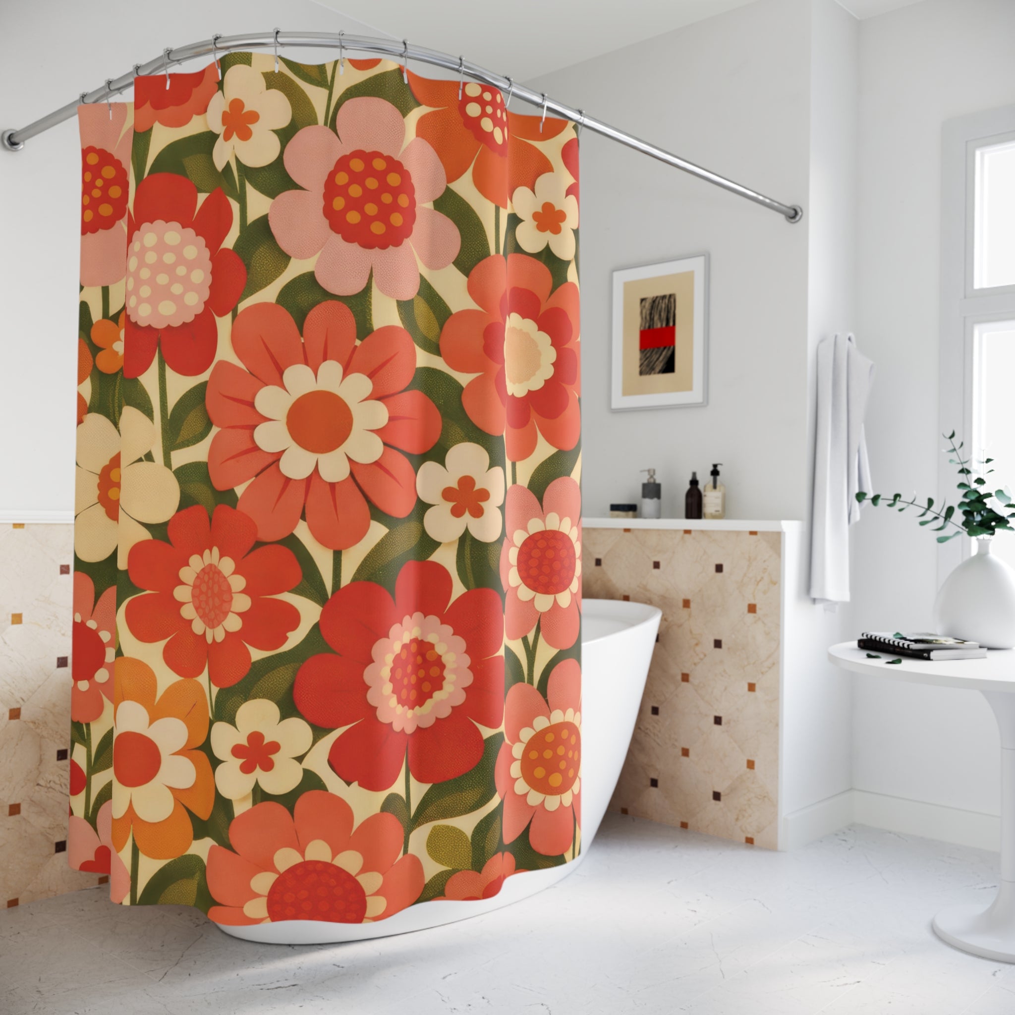 Retro Mod Flower Shower Curtain – Coral & Blush