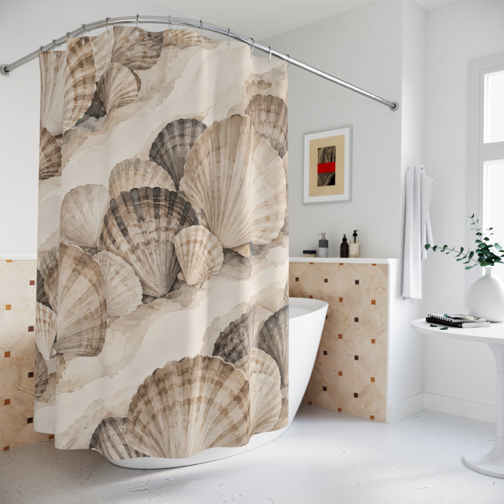 Taupe, ivory and charcoal scallop shells in diagonal clusters shower curtain beside a freestanding tub