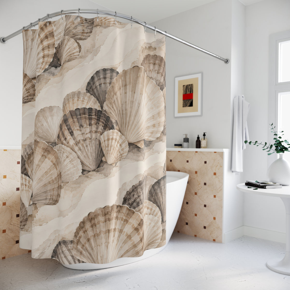 Taupe, ivory and charcoal scallop shells in diagonal clusters shower curtain beside a freestanding tub