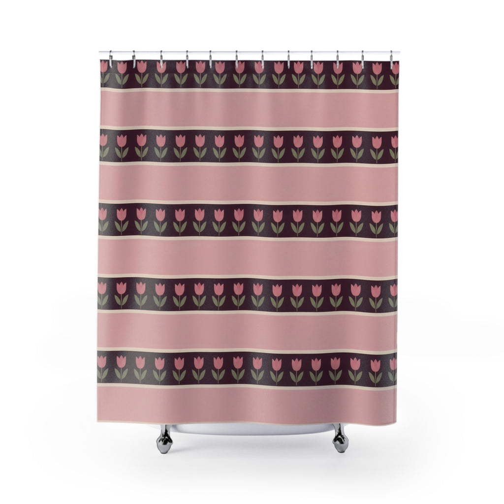 Pink tulip rows on plum bands between broad blush stripes shower curtain with full front view