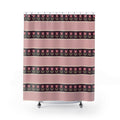 Pink tulip rows on plum bands between broad blush stripes shower curtain with full front view