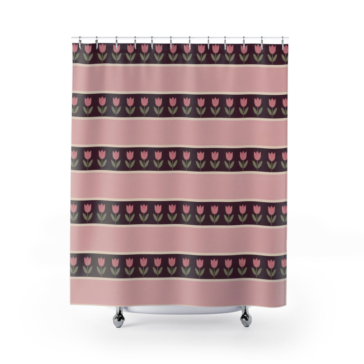 Pink tulip rows on plum bands between broad blush stripes shower curtain with full front view