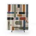 Modern Geometric Shower Curtain, Bauhaus Stripe Blocks, Blue Green Terracotta Abstract Bathroom Decor, Mid Century Bath Style, Retro Decor