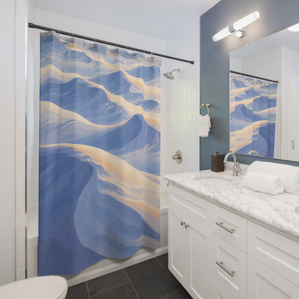 Pale blue sunlit snowdrifts shower curtain beside a white vanity