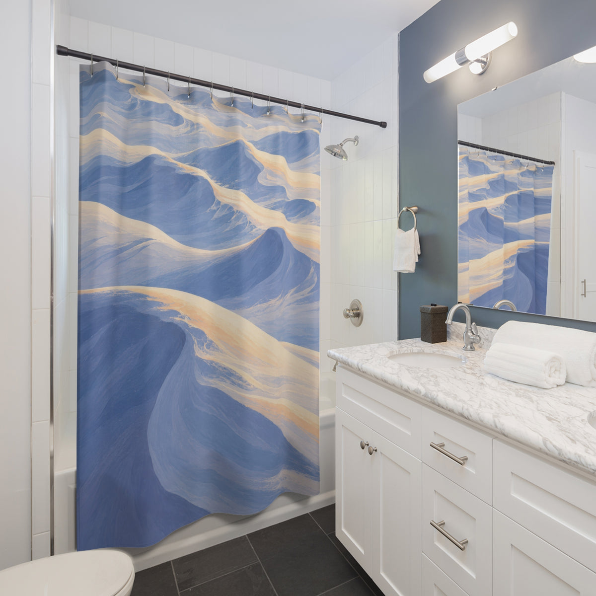 Pale blue sunlit snowdrifts shower curtain beside a white vanity