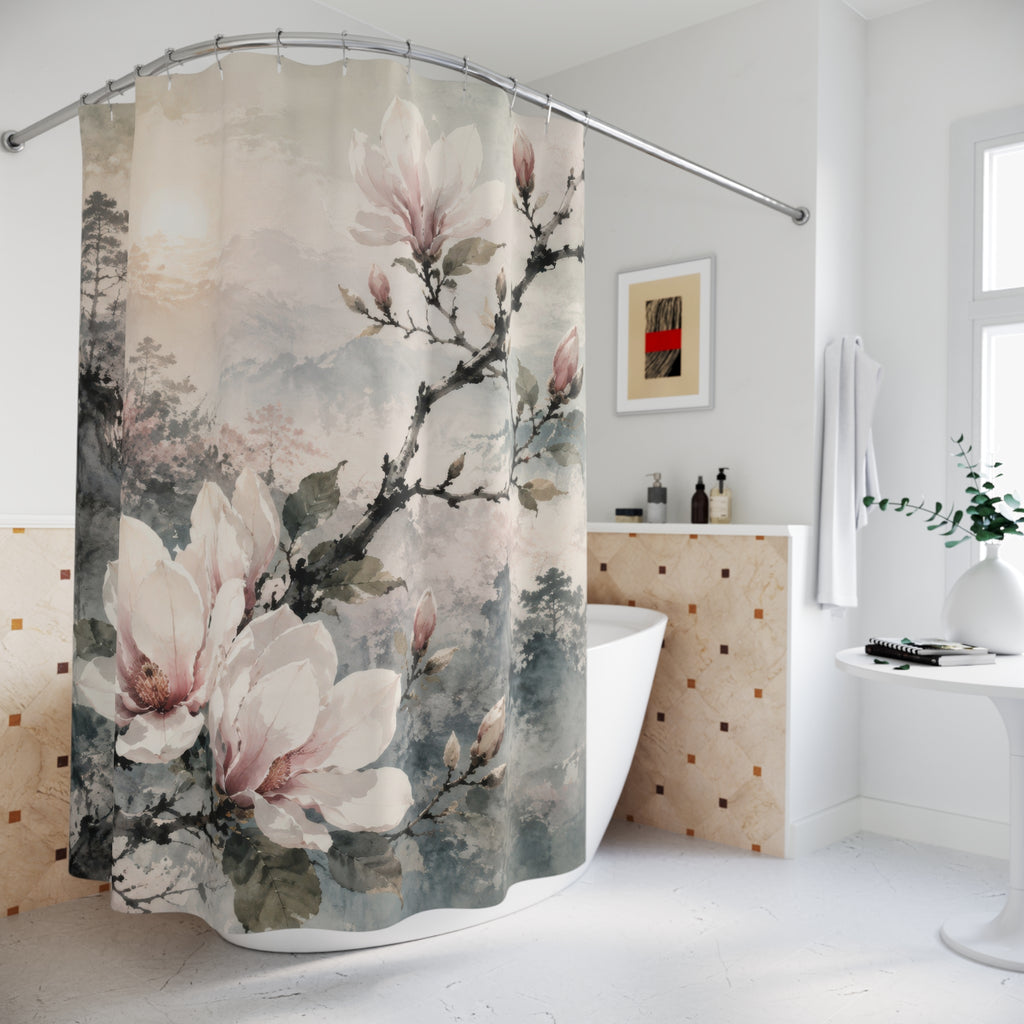 Blush magnolia branch in a misty watercolor garden shower curtain beside a freestanding tub