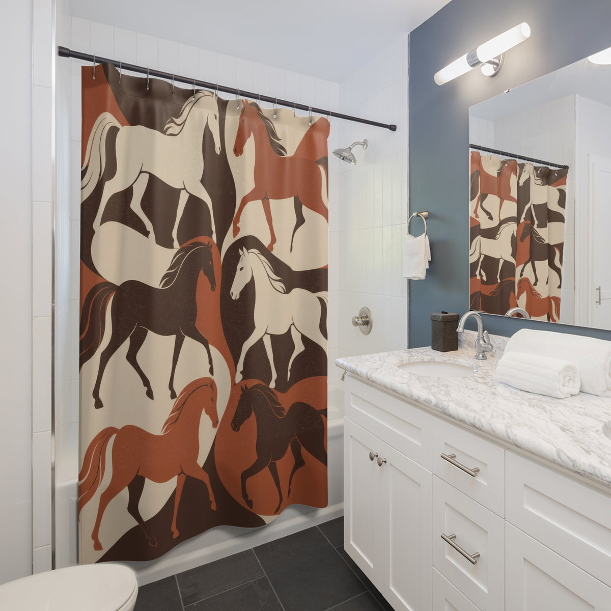 Cream, terracotta and brown interlocking horse silhouettes shower curtain beside a white vanity