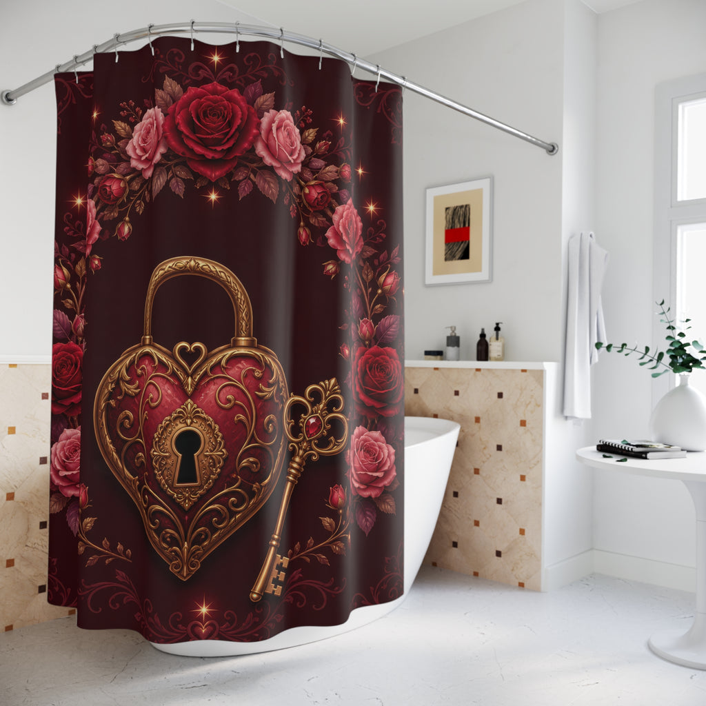 Ornate heart lock and golden key beneath rose arch shower curtain beside a freestanding tub