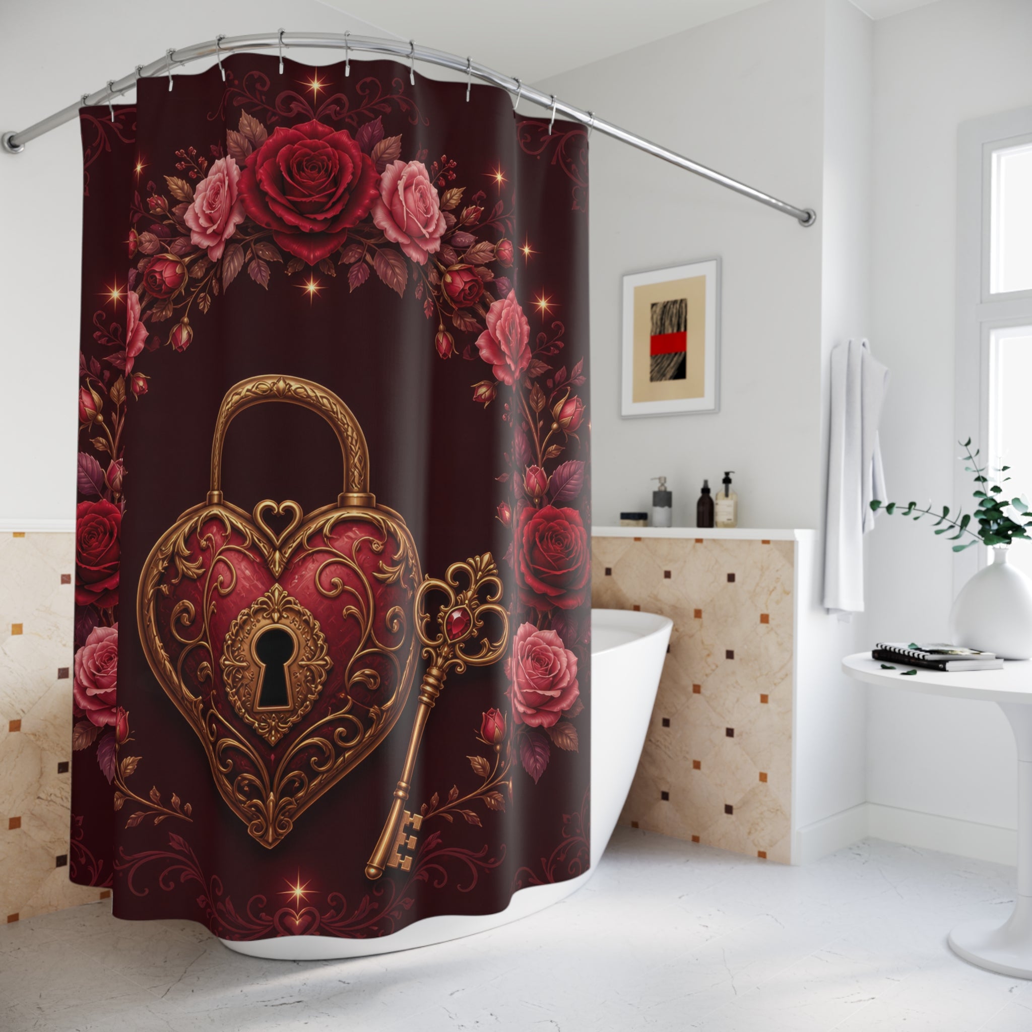 Ornate heart lock and golden key beneath rose arch shower curtain beside a freestanding tub