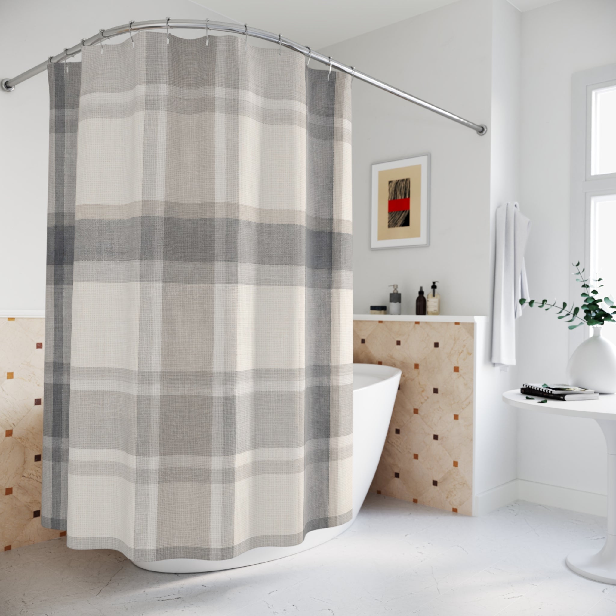 Gray White Windowpane Check Shower Curtain
