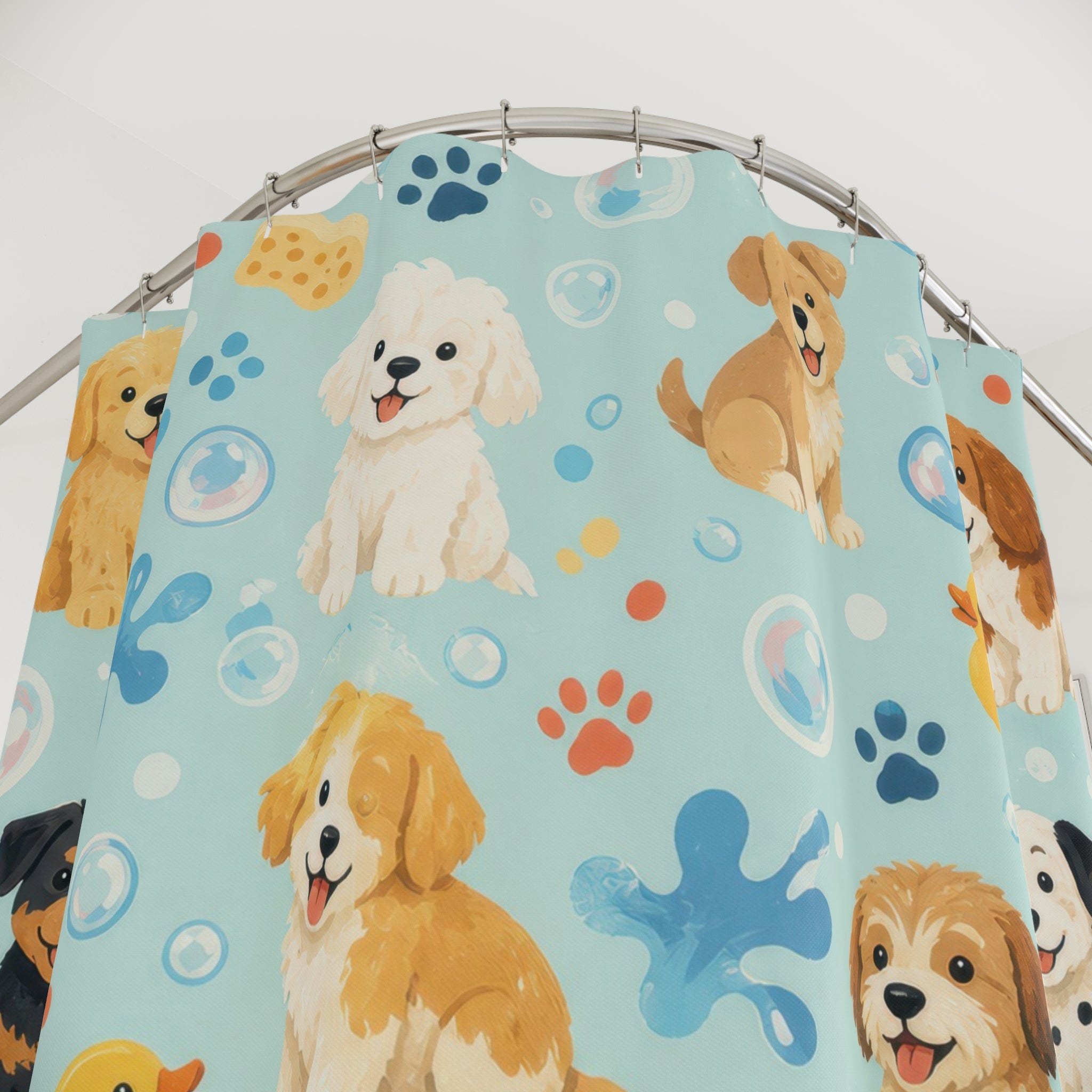 Kids Dog Shower Curtain, Cute Puppy Paw Print Pattern, Blue Pet Bathroom Decor, Playful Kids Wall Decor Guest Bath Gift For Dog Lovers