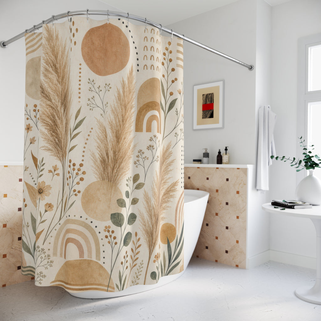 Neutral Boho Shower Curtain, Pampas Botanical Bath Decor, Terracotta Sun Arches, Minimal Desert Guest Bathroom, Small Bath Decor, Warm Decor