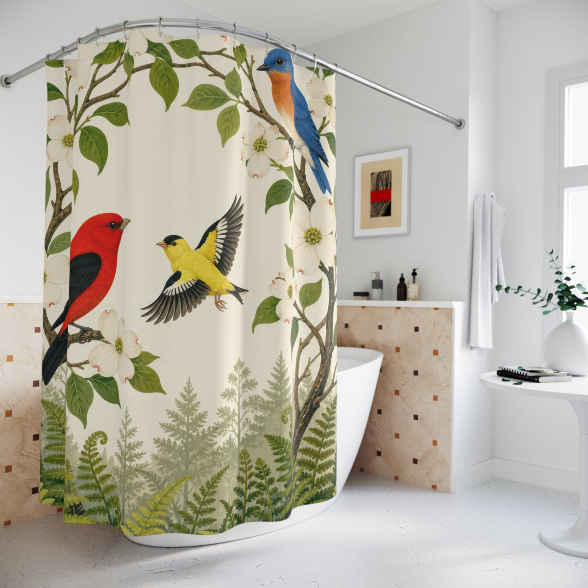 Tanager bluebird and goldfinch beneath dogwood blooms shower curtain beside a freestanding tub
