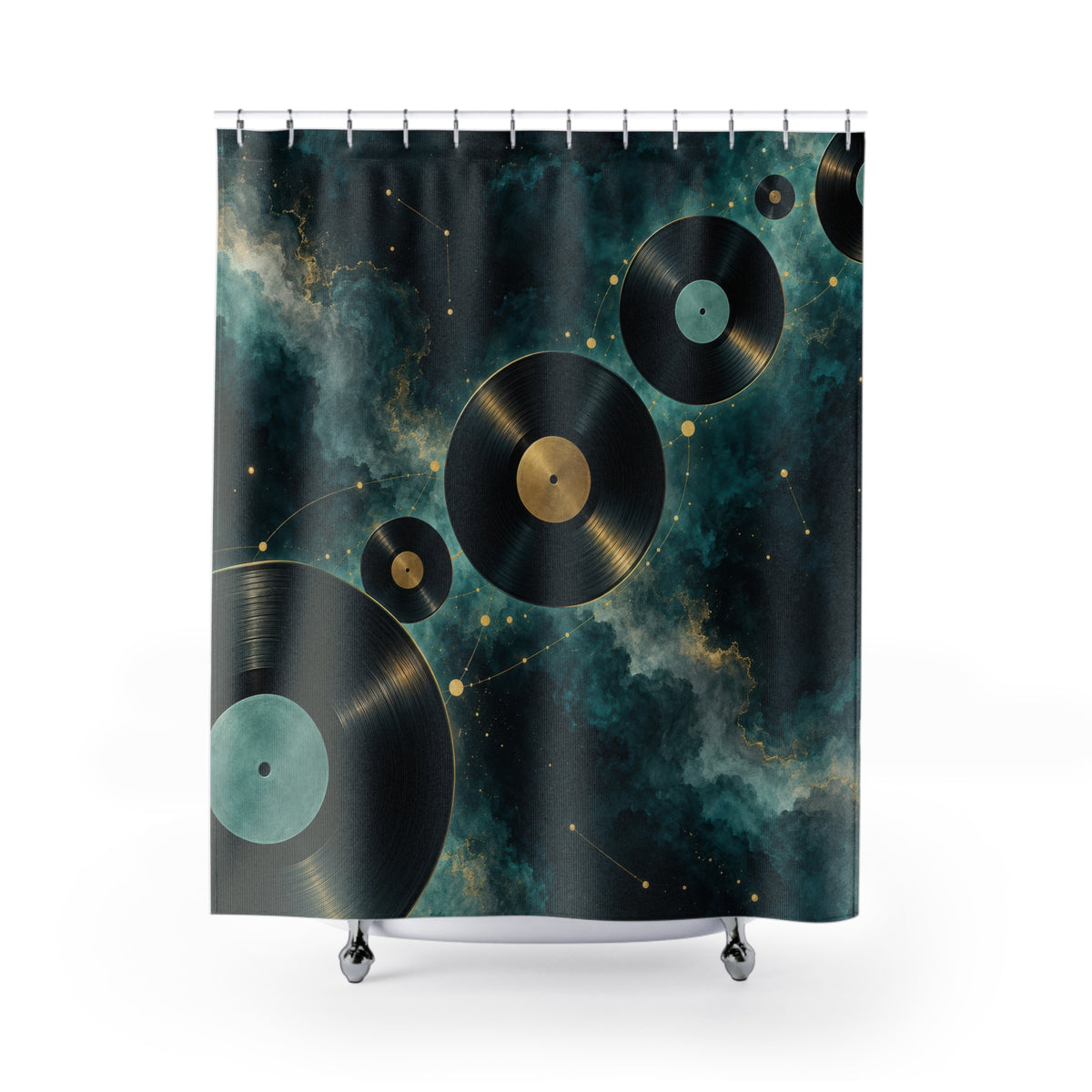 Black vinyl records across teal clouds and gold star lines shower curtain with full front view
