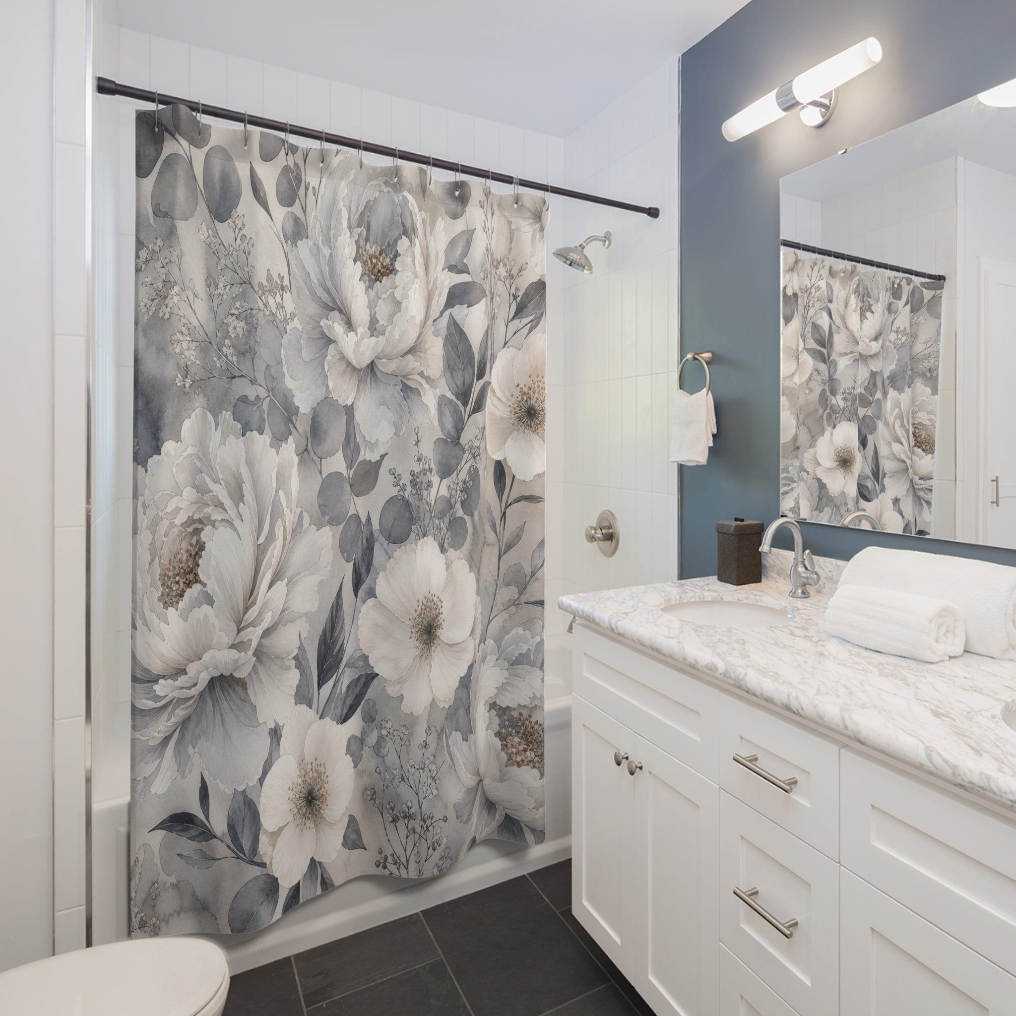 Grey Floral Shower Curtain: White Flower