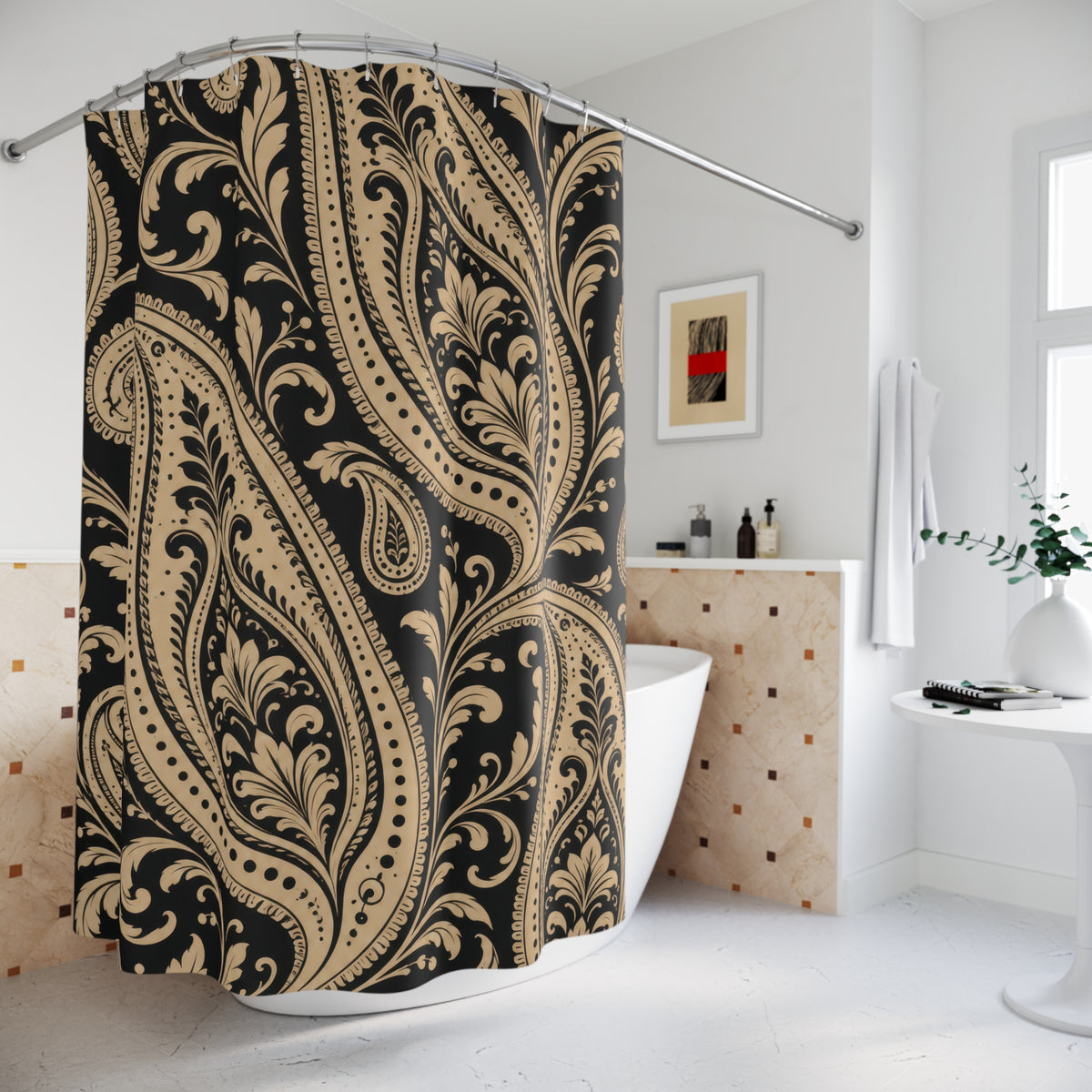 Beige and black paisley scrollwork shower curtain beside a freestanding tub