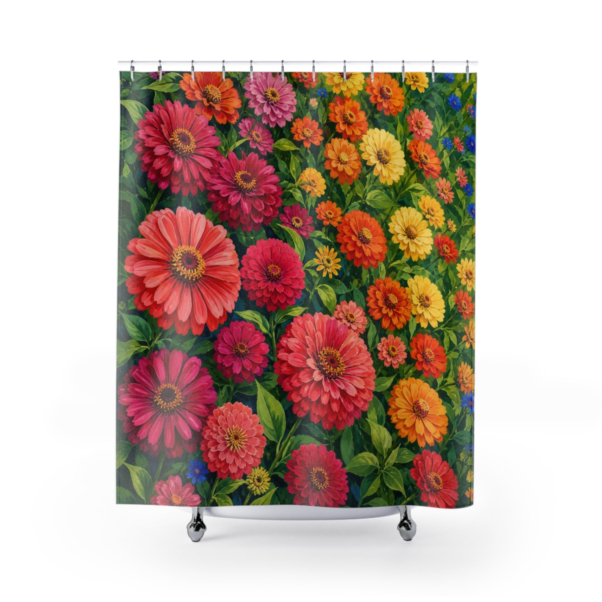 Colorful summer zinnia garden shower curtain with full front view