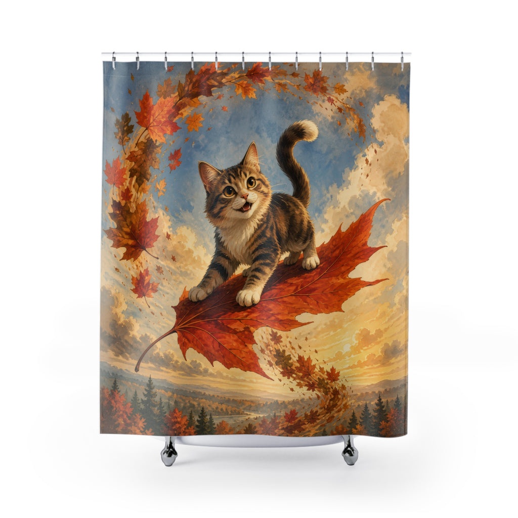 Cat surfing a giant maple leaf through autumn foliage shower curtain with full front view
