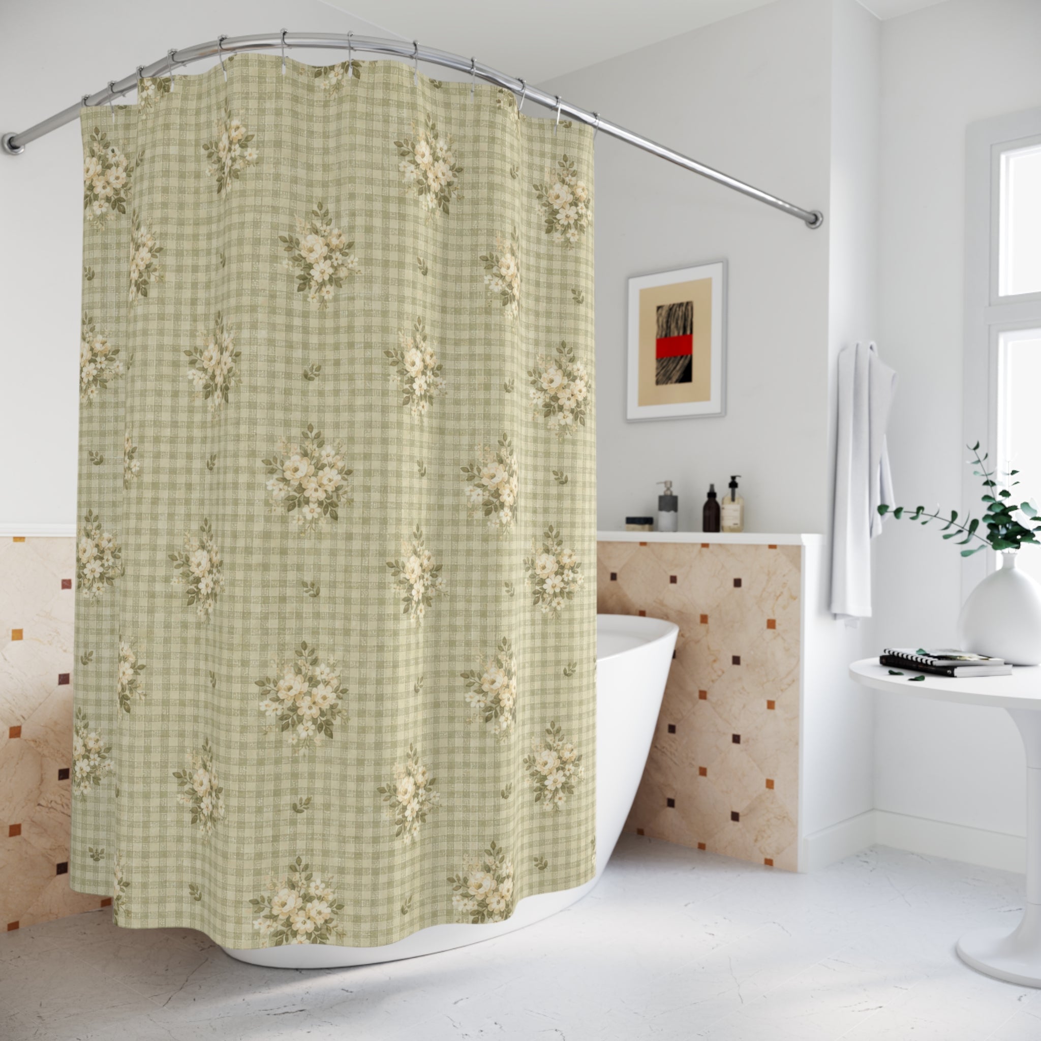 Sage Green Check Daisy Shower Curtain