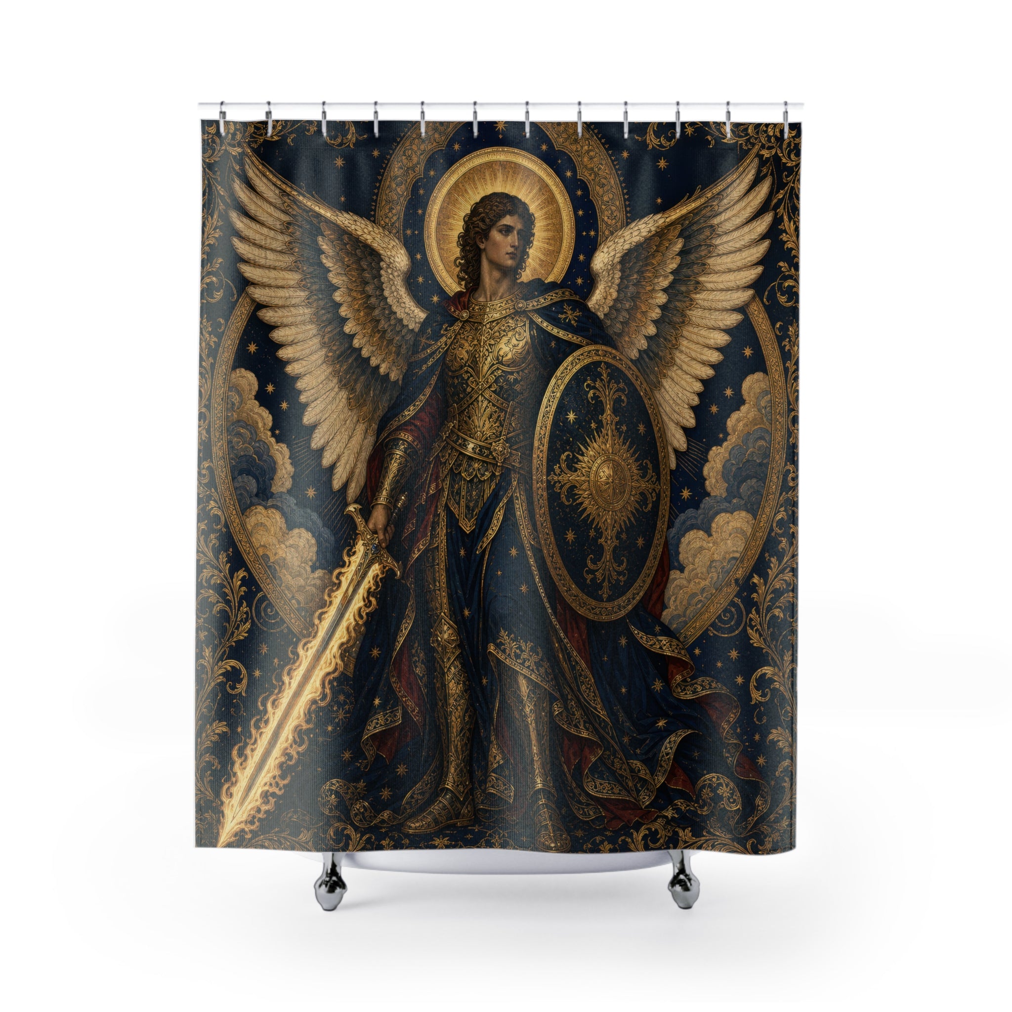 Archangel Michael Shower Curtain, Warrior Angel Art, Black Gold Guardian Angel Decor, Celestial Shield Sword Bathroom Accent, Sacred Art