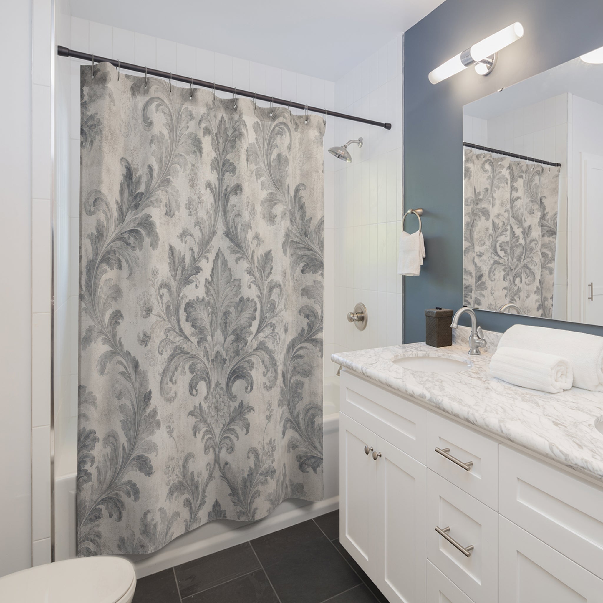 Gray Floral Scroll Shower Curtain