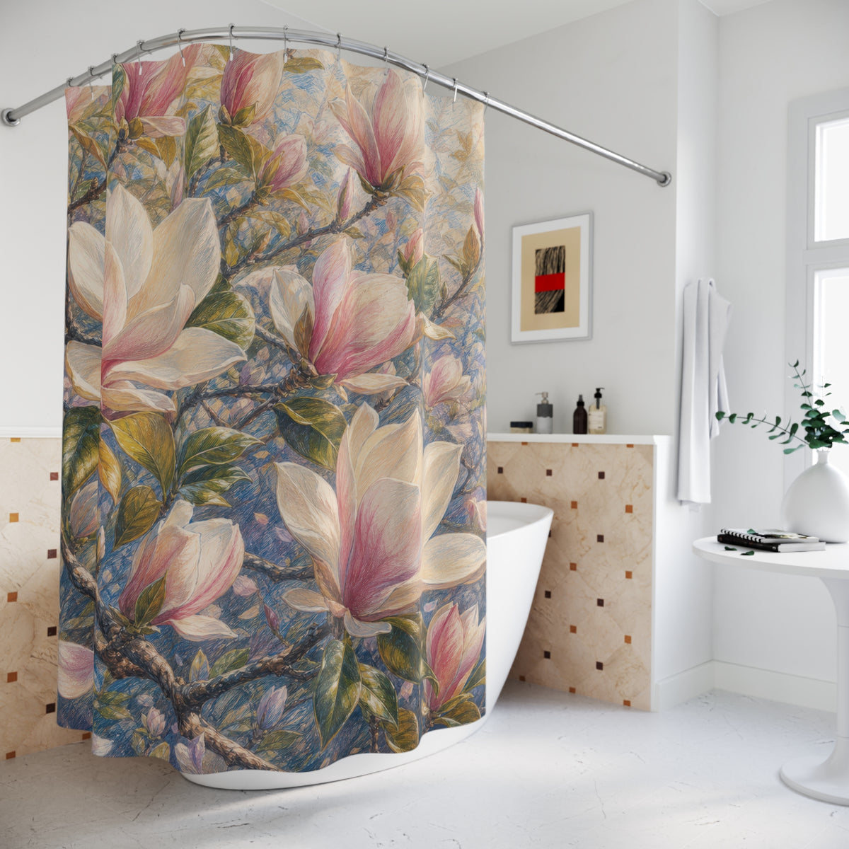 Pastel Pencil Magnolia Branches Shower Curtain