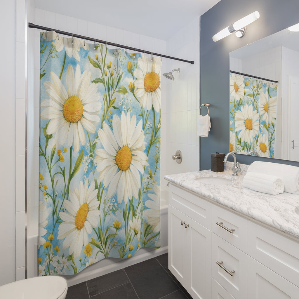 Daisy Shower Curtain: White Yellow Floral Pattern