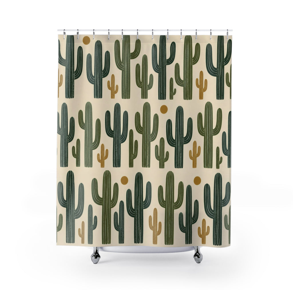 Green saguaro cactus pattern on cream shower curtain with full front view