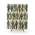Green saguaro cactus pattern on cream shower curtain with full front view