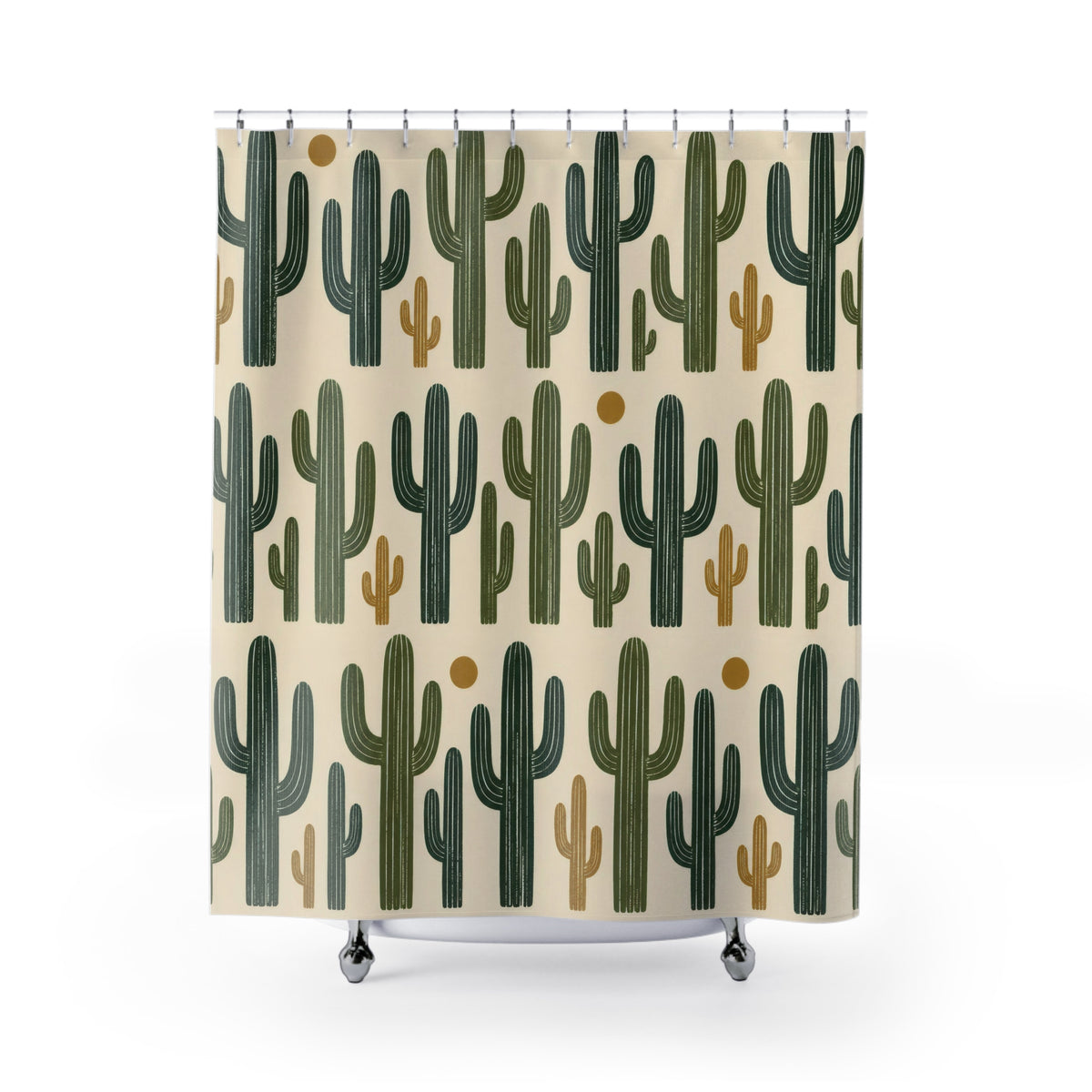 Green saguaro cactus pattern on cream shower curtain with full front view