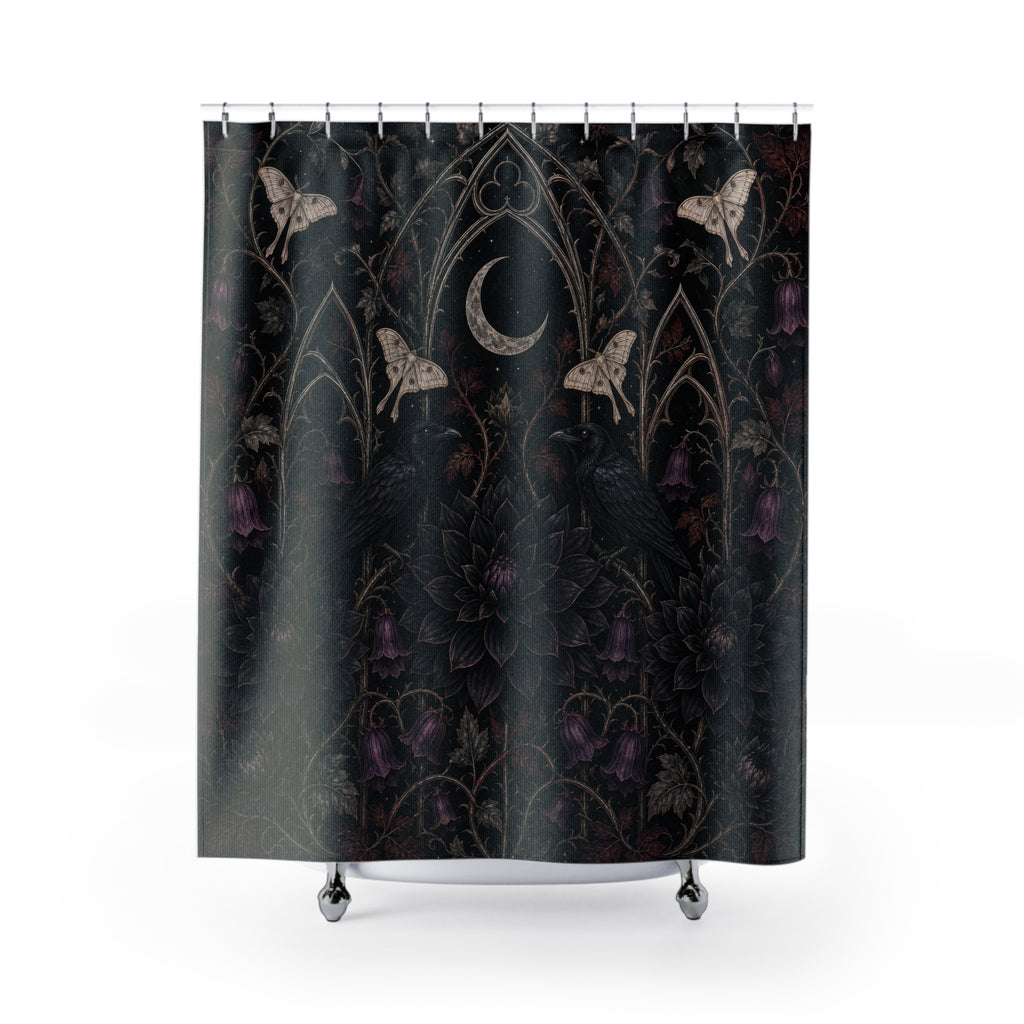 Gothic Floral Shower Curtain, Moonlit Raven Moth Garden