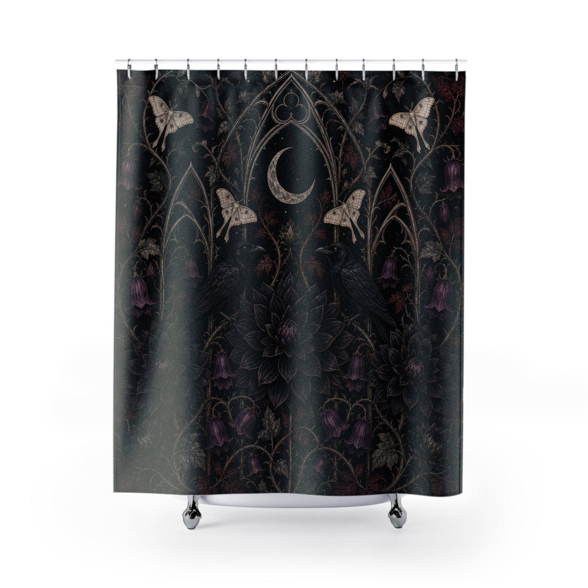 Gothic Floral Shower Curtain, Moonlit Raven Moth Garden