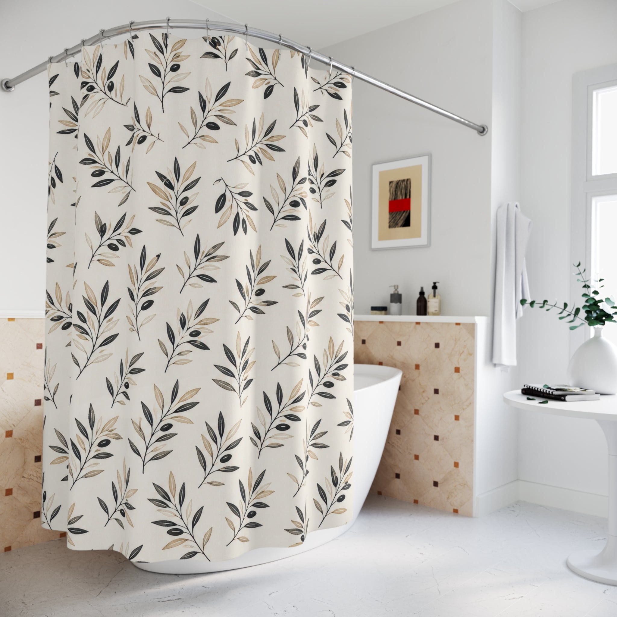 Black Beige Leaf Sprig Shower Curtain