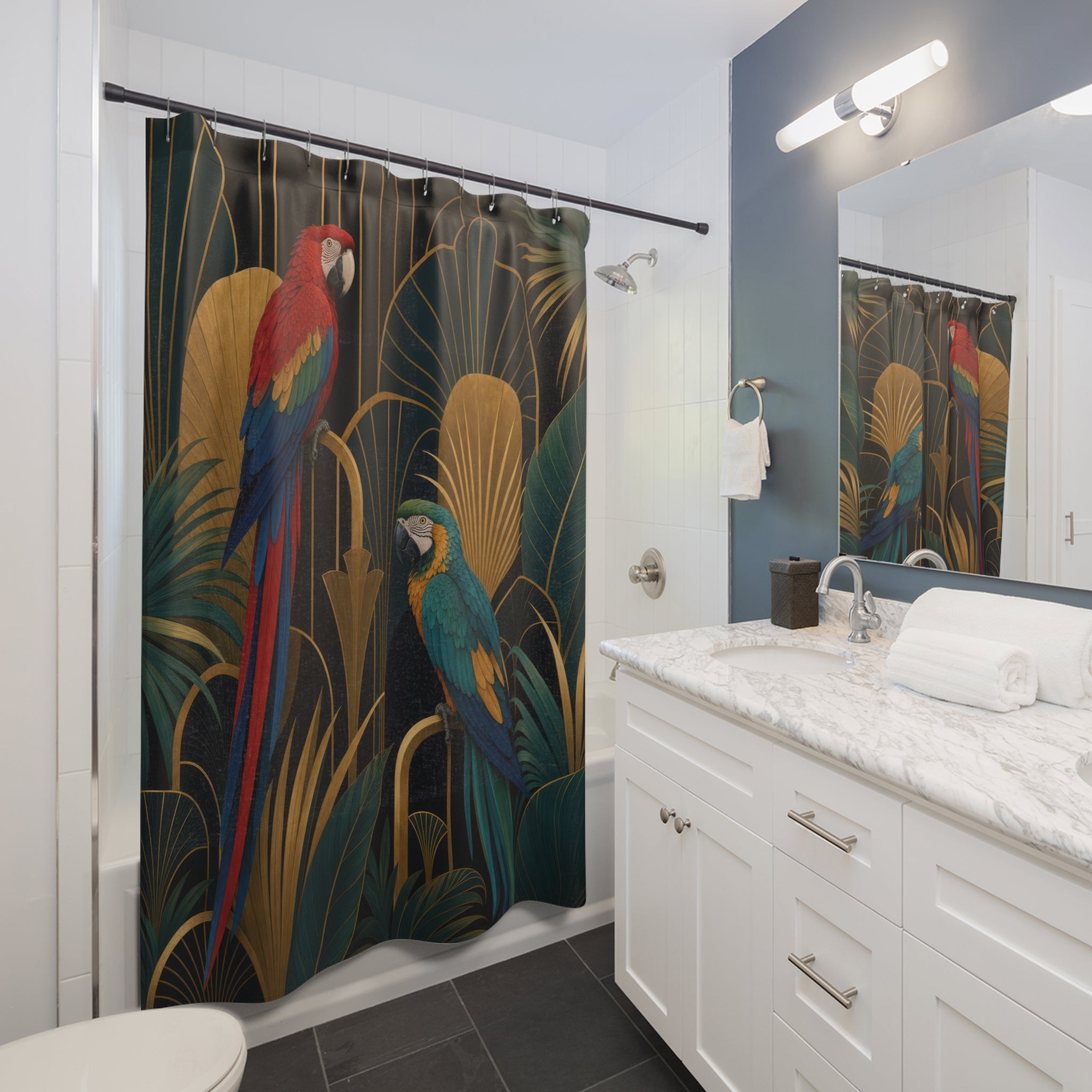 Art Deco Jewel Macaw Pair Shower Curtain