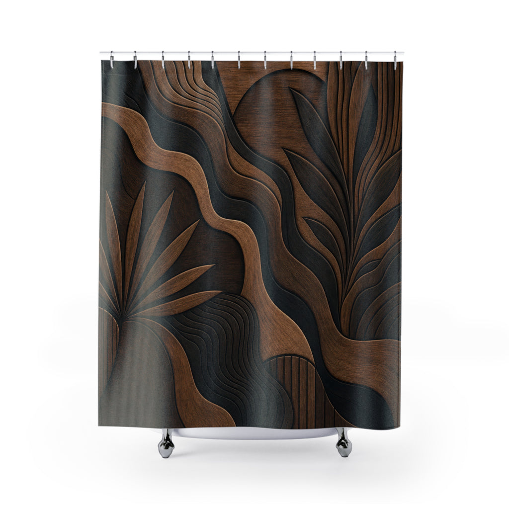 Leaf Shower Curtain, Black Brown Botanical Bath Decor, Stone Contour Pattern, Organic Earth Tone Neutral Guest Bathroom Decor Style