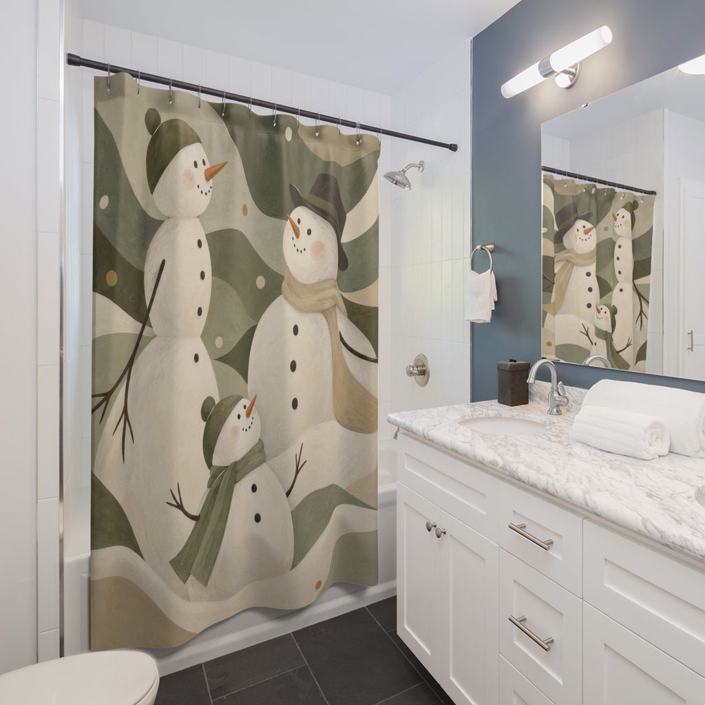 Ivory snowmen among sage, olive and beige snowdrifts shower curtain beside a white vanity