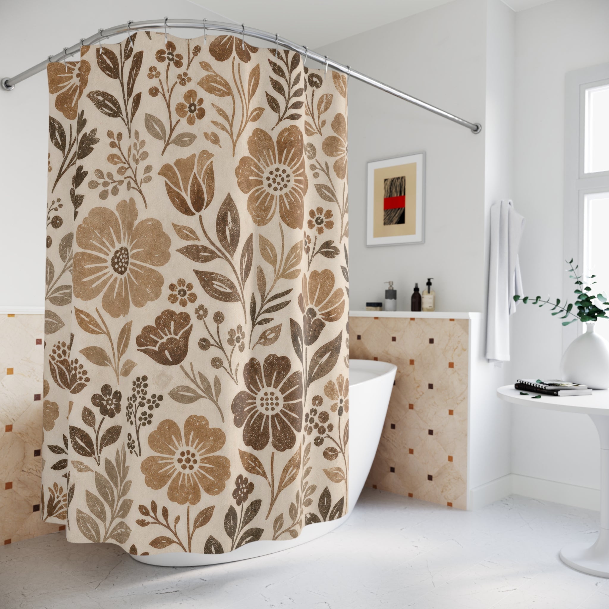 Brown Beige Botanical Flower Shower Curtain
