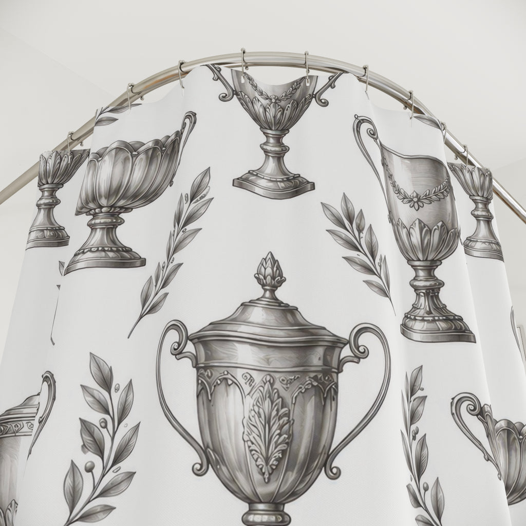 Silver trophy cups and gray laurel sprigs shower curtain with close-up print, hooks, and folds