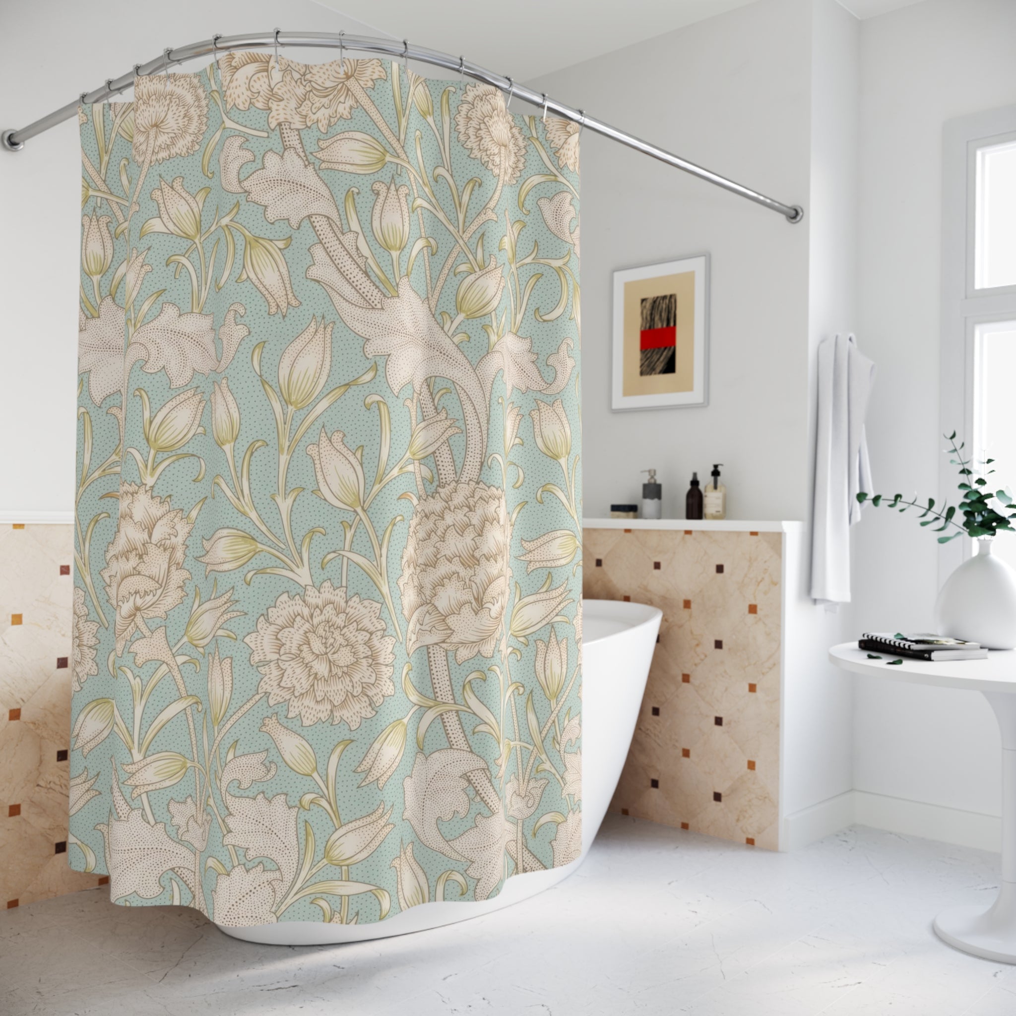 Morris Wild Tulip & Peony Shower Curtain – Blue Cream