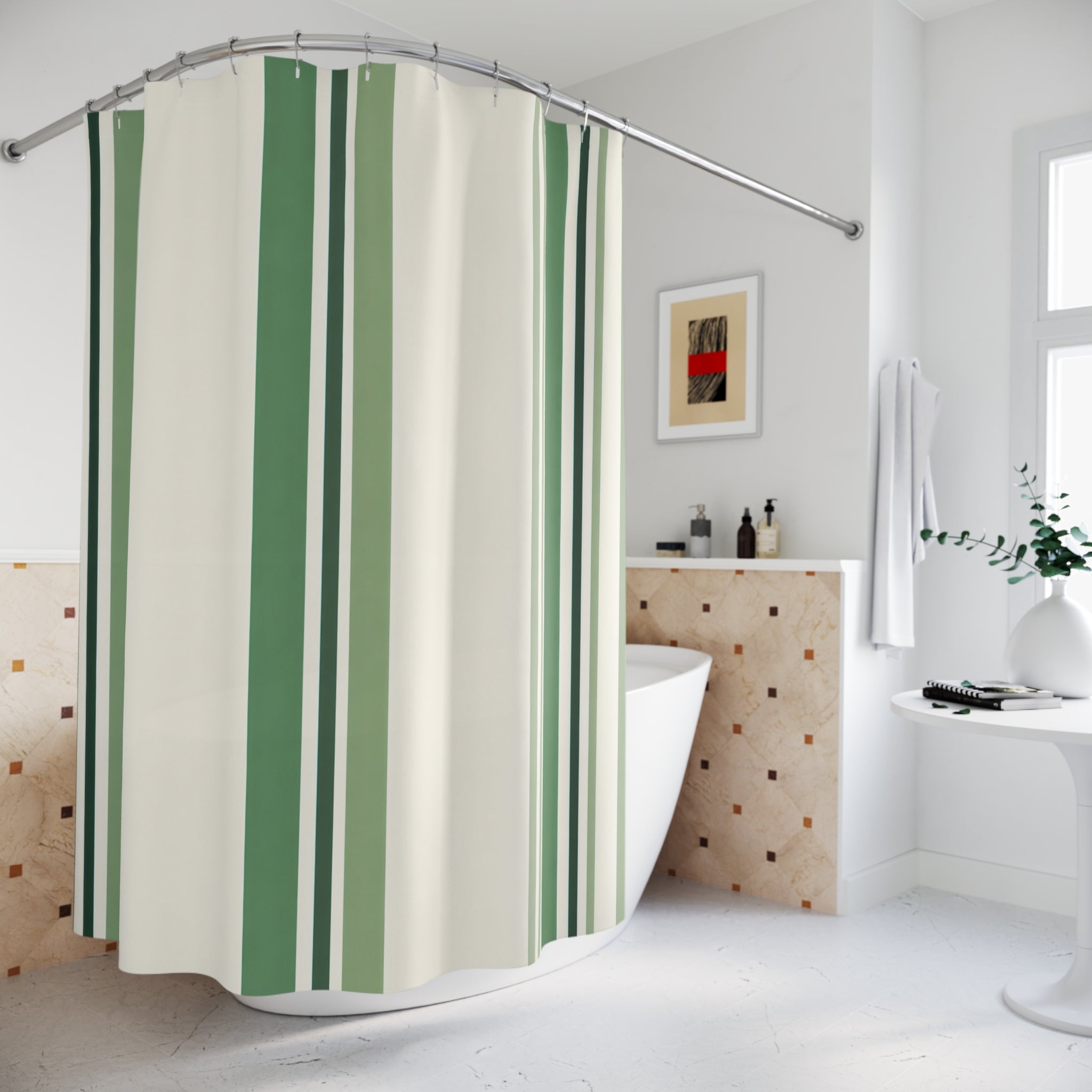 Green Cream Pinstripe Shower Curtain