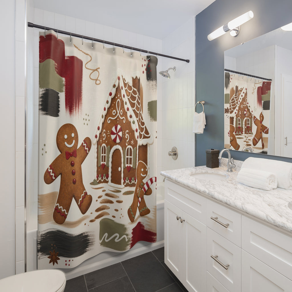 Gingerbread cookies and house in a modern collage shower curtain beside a white vanity