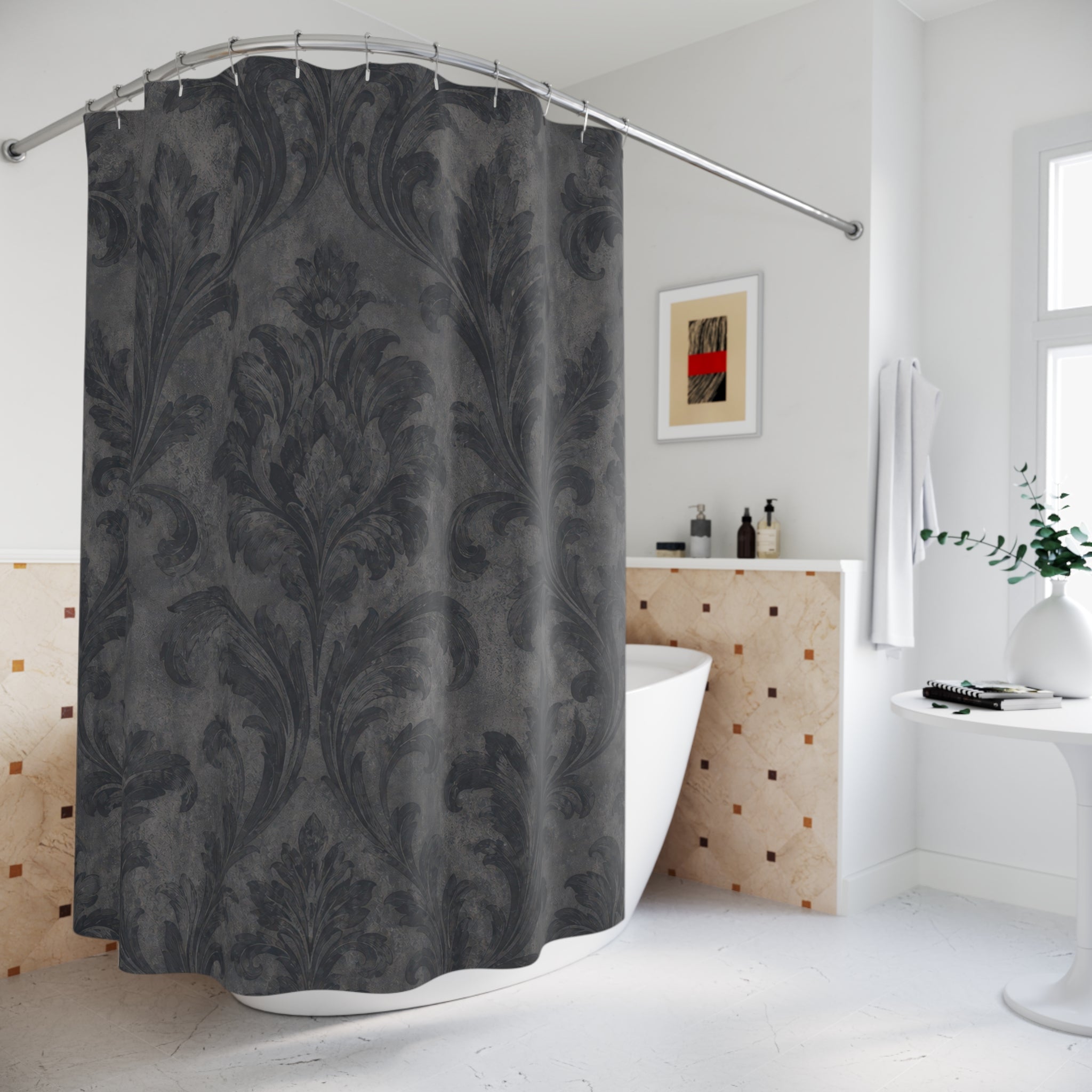 Charcoal Grey Damask Shower Curtain