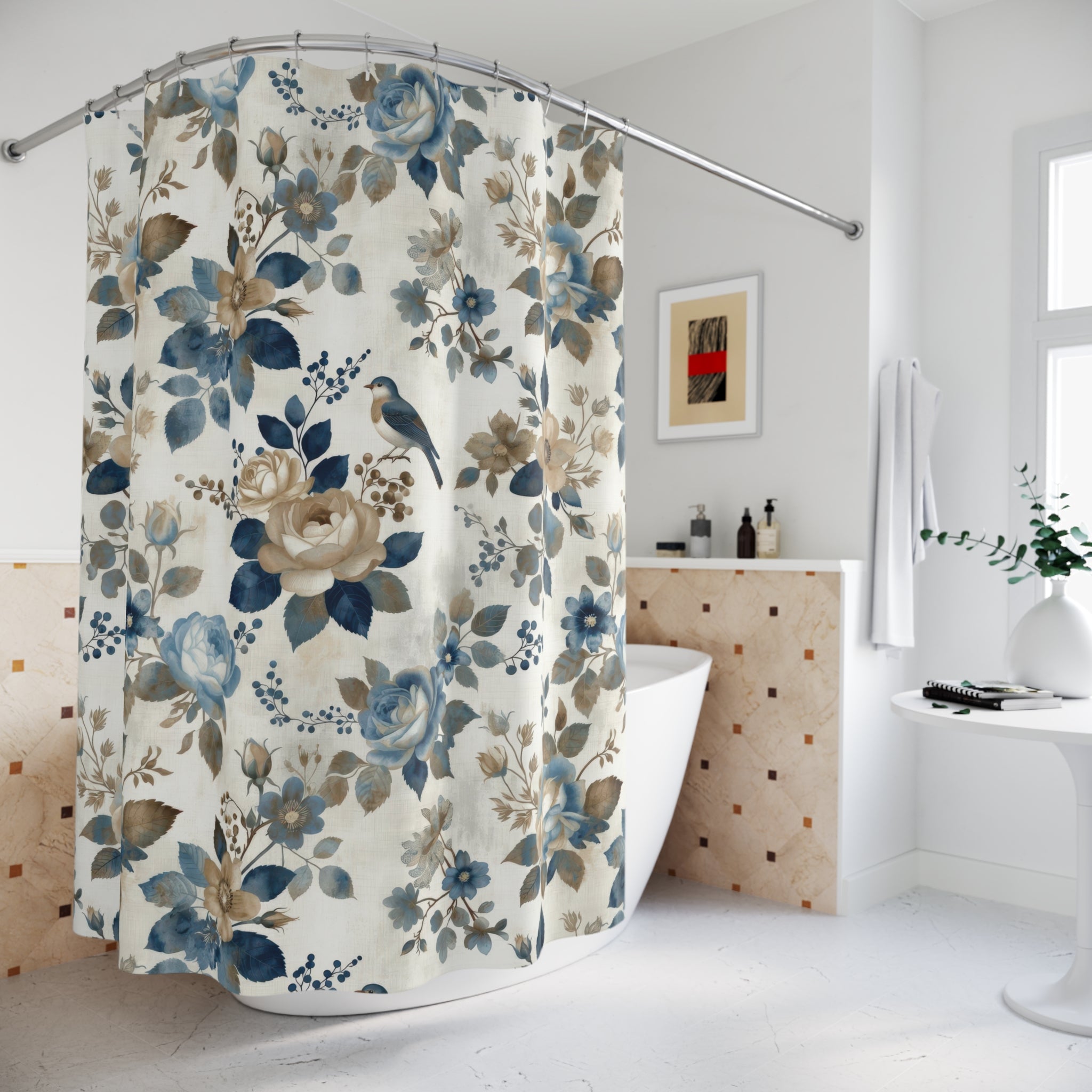 Floral Bird Shower Curtain — Blue and Beige