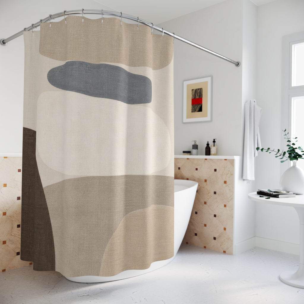 Abstract Shower Curtain, Blue Grey Neutral Shape Pattern, Beige Modern Bathroom Decor, Soft Minimal Guest Bath Art Style
