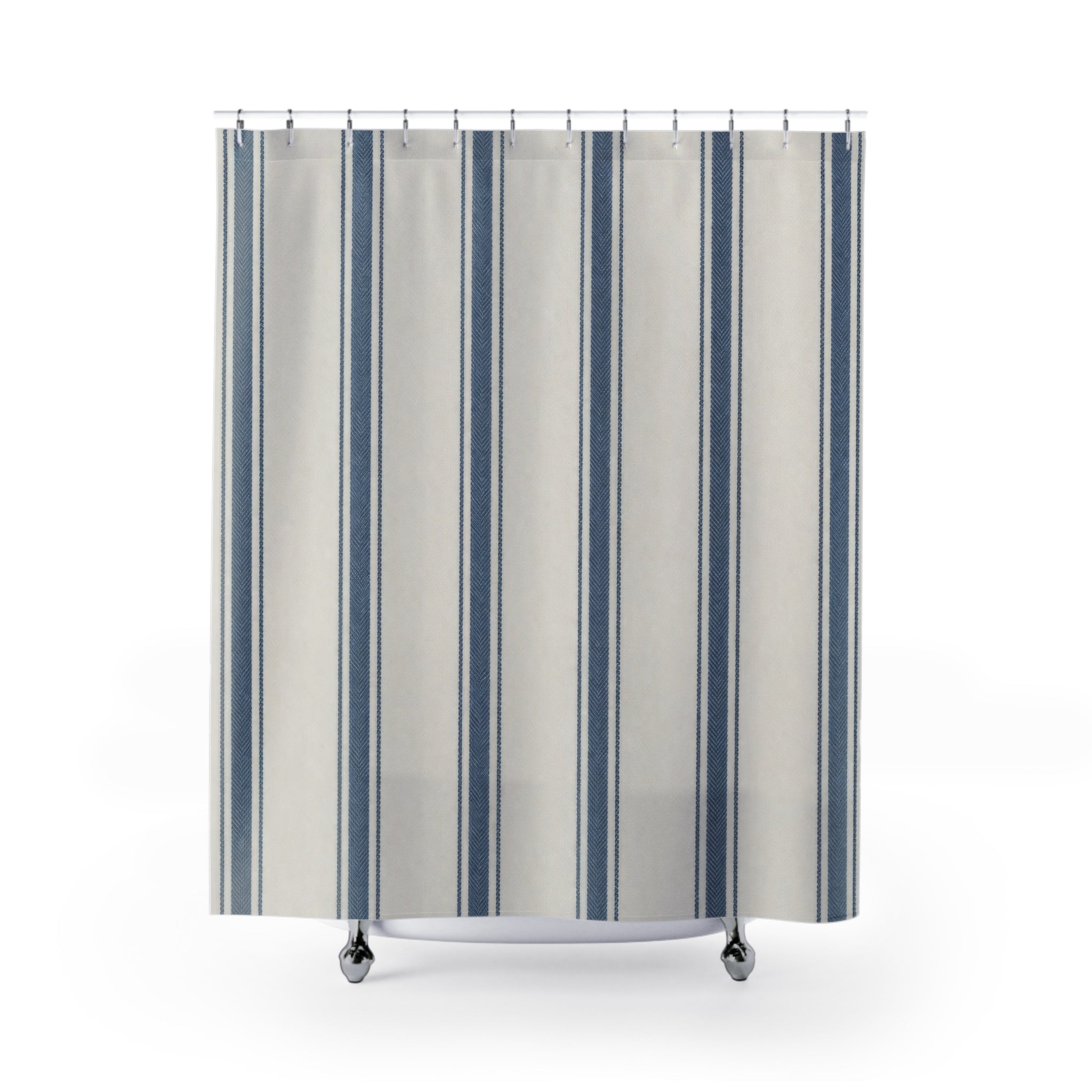 Blue Ticking Stripe Shower Curtain – Navy and Ivory