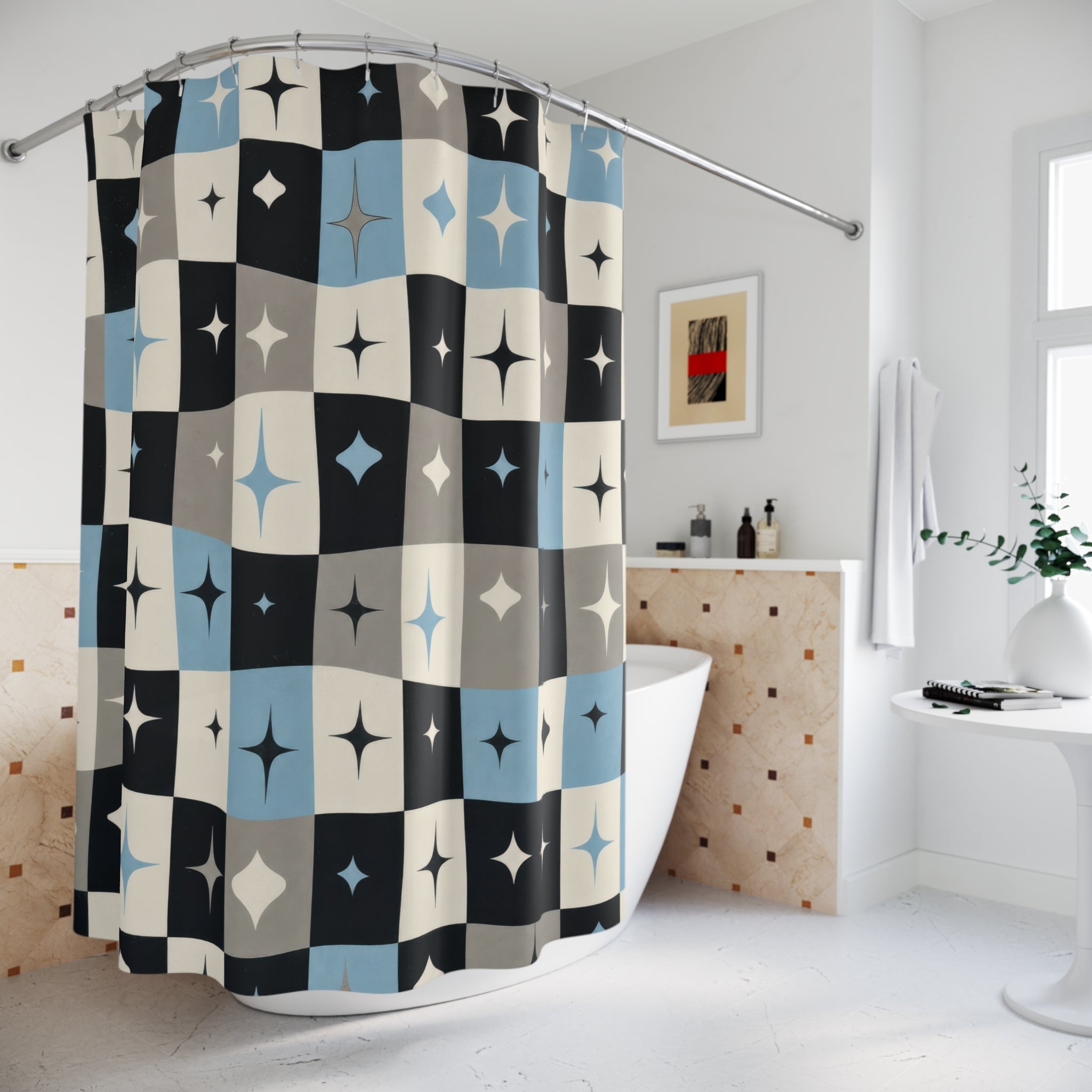 Retro Checkerboard Shower Curtain, Blue Black Star Tile Pattern, Atomic Bathroom Decor, Bold Blue Atomic Wall Decor Guest Bath Wall Gift