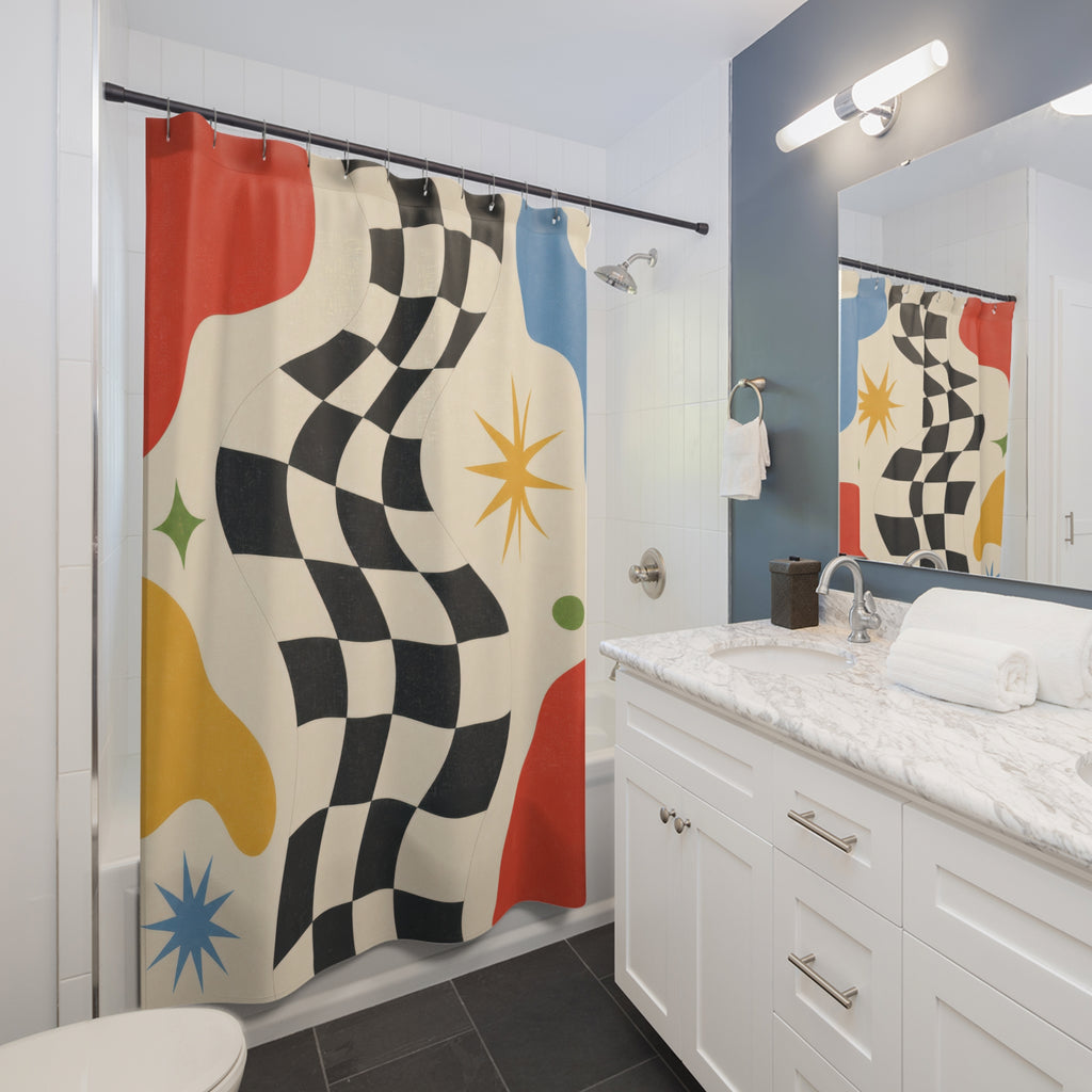 Checkered Star Beige Black Blue Shower Curtain